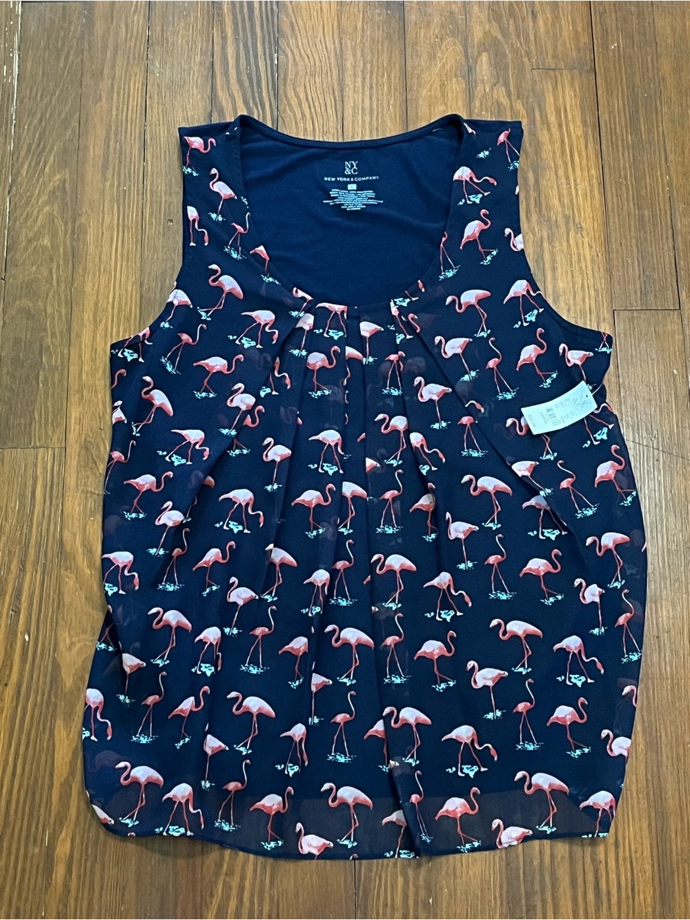 New York & Company Navy Tank Top with Pink Flamingo Print